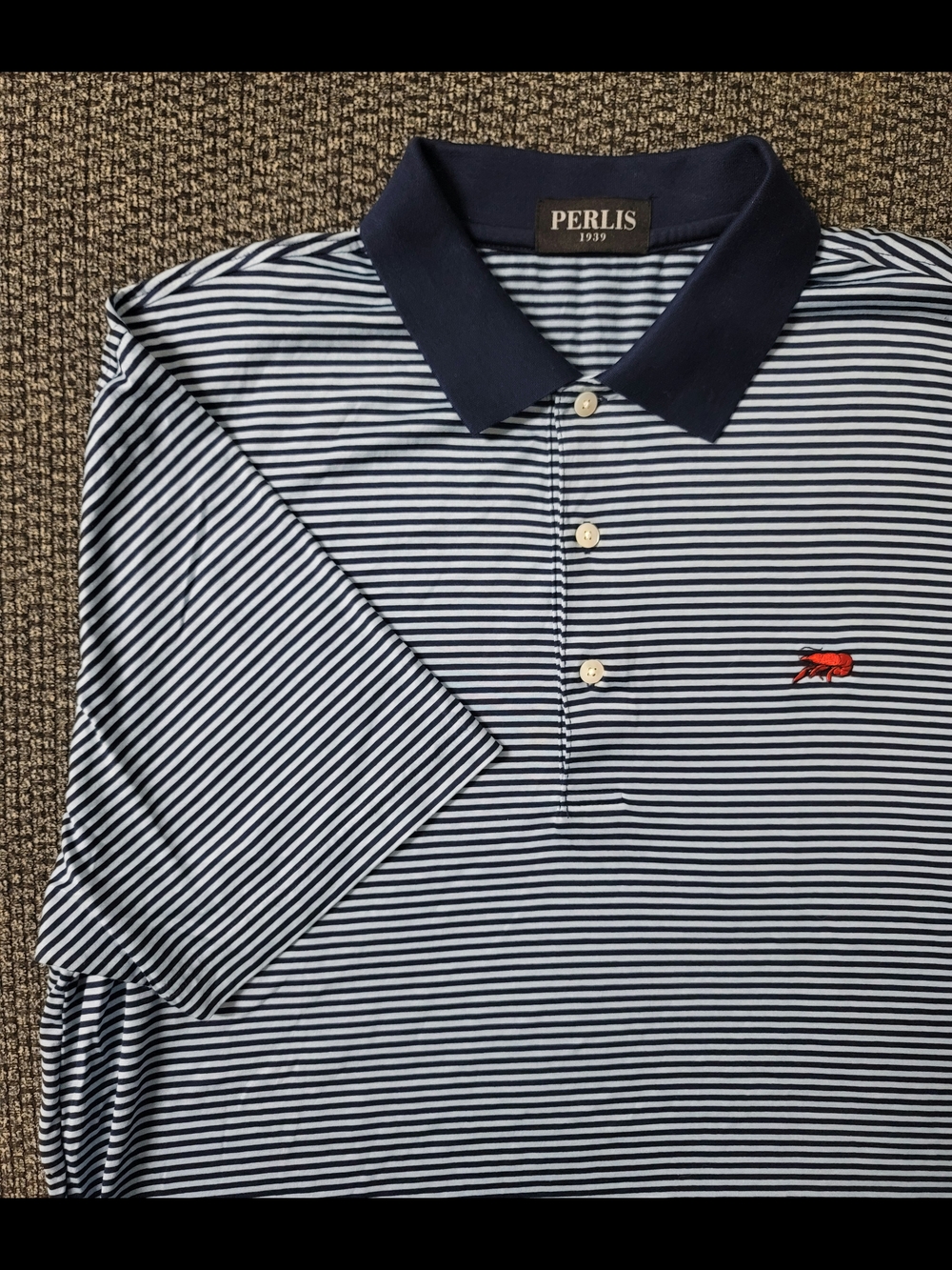 Perlis Blue Striped Soft Supima Cotton Polo Red Crawfish Logo Men's Medium